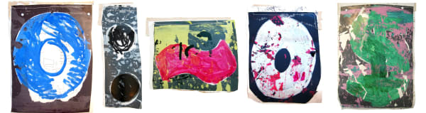 Abstract painting comprised of five sections with multicolored details on a brown background