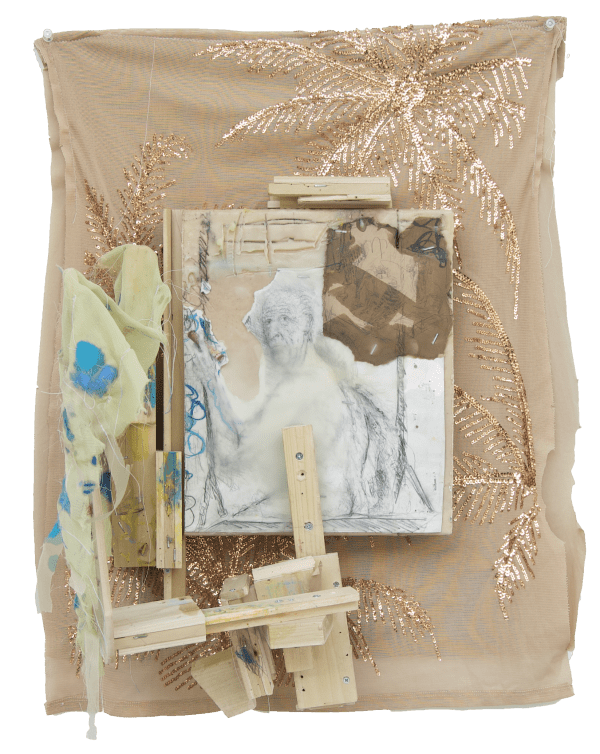 Wall hanging sculptural work with a rectangular shape composed of draped scrap fabric, wood components and a drawing on paper in the center