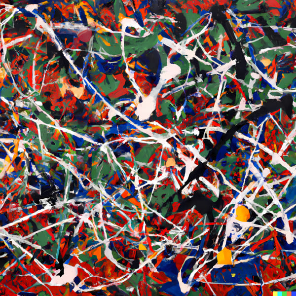 An AI generated image in the style of Jackson Pollock in red, blue, green, black, and white