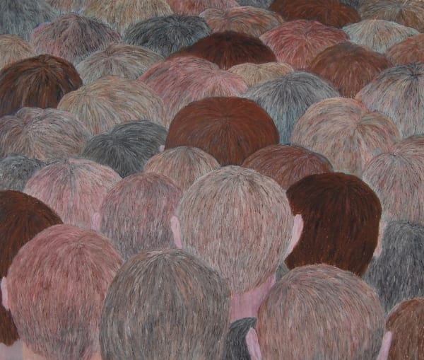Colored drawing, crowd of men, heads only, seen from the rear, hair rendered in shades of grey and reddish-brown