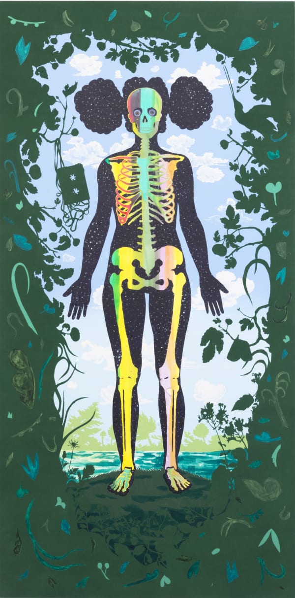 Half skeleton, half woman stands face forward in a background of green foliage