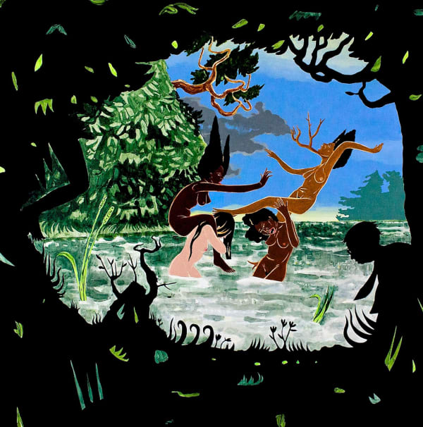 nude women play chicken in a pool