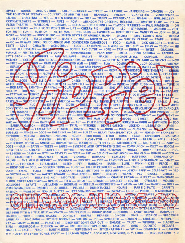 YOUTH INTERNATIONAL PARTY, ARLO GUTHRIE, PHIL OCHS, THE FUGS, PETE SEEGER, BREAD AND PUPPET THEATER, PAUL KRASSNER, ED SANDERS, TIMOTHY LEARY, ALLEN GINSBERG, MILTON GLASER, A Collection of Three Yippie! (Youth International Party) Fliers from 1968, 1968