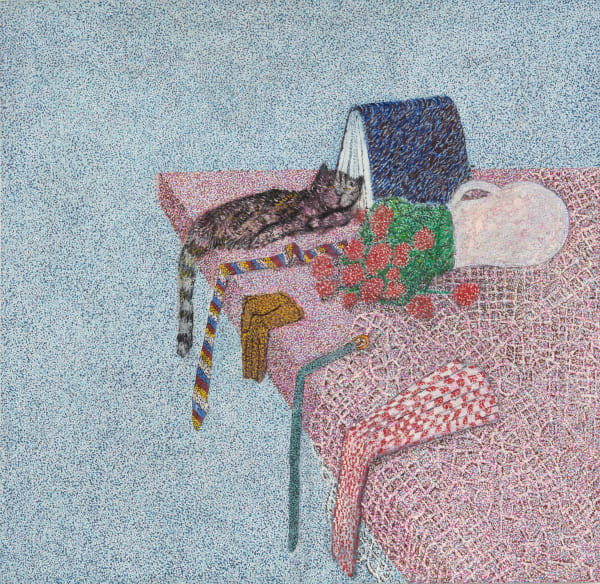 Painting of cat flowers and ties with tail and ties hanging off edge of table