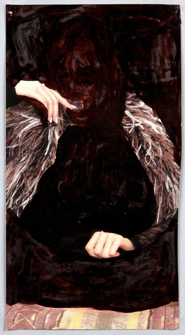 Pornographic magazine page overlaid with painted black ground and figure inked in black