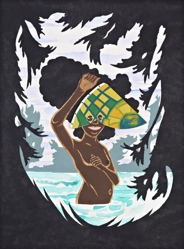 A nude woman emerges from a body of water wearing a modernist painting as a mask