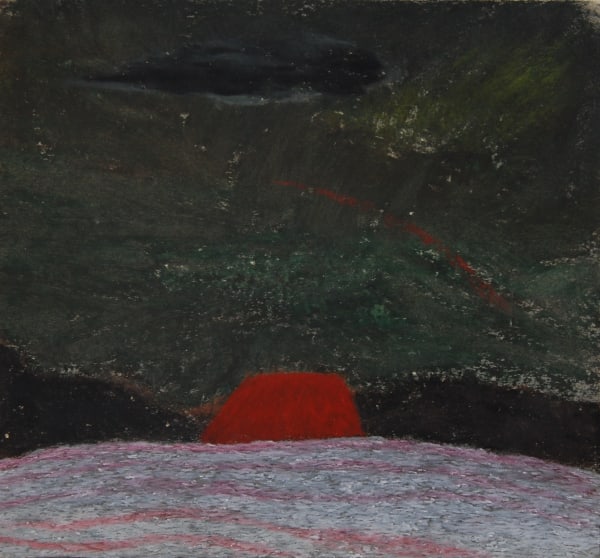 Landscape depicting a grey field with mountains behind, dark sky, and large red sun beginning to peek out of mountains