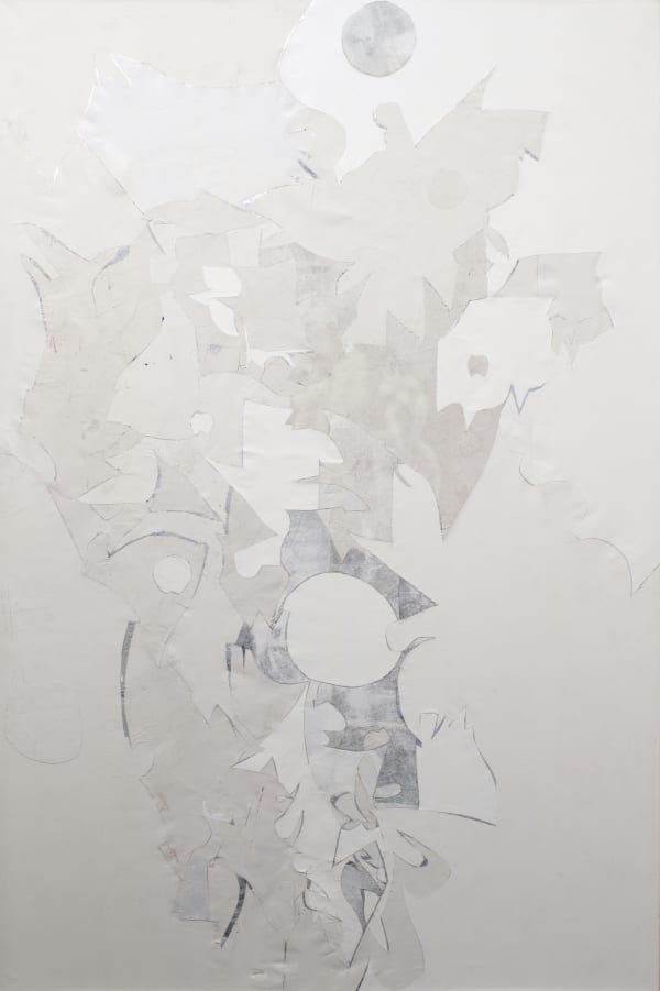 Large abstract white on white collage using remnants of earlier paintings and studio detritus