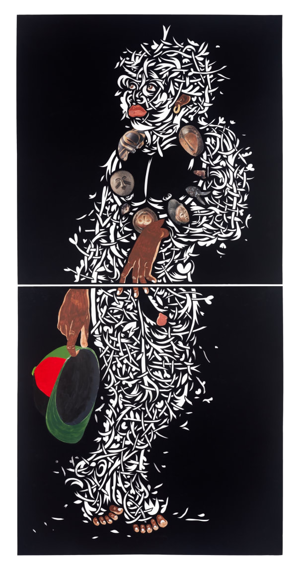 Cut black paper showing nude figure cut from filigree, man leans against unseen post and holds red and green baseball cap in right hand