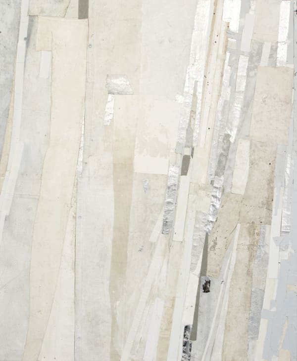 Abstract collage with vertical strips of greys and whites