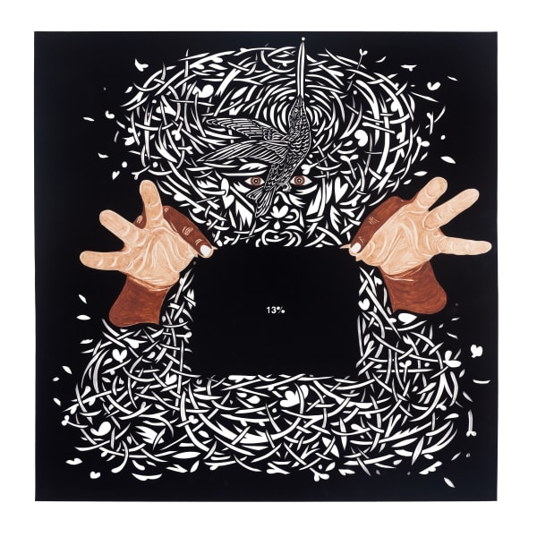 Cut black paper showing head cut as filigree from paper pierced by two eyes, two painted brown hands hold up a sign that reads 13%