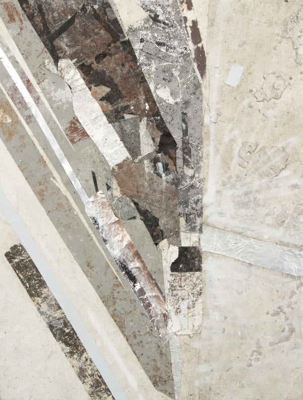 Abstract collage with diagonal strips of greys, neutrals, whites with large white section right quadrant