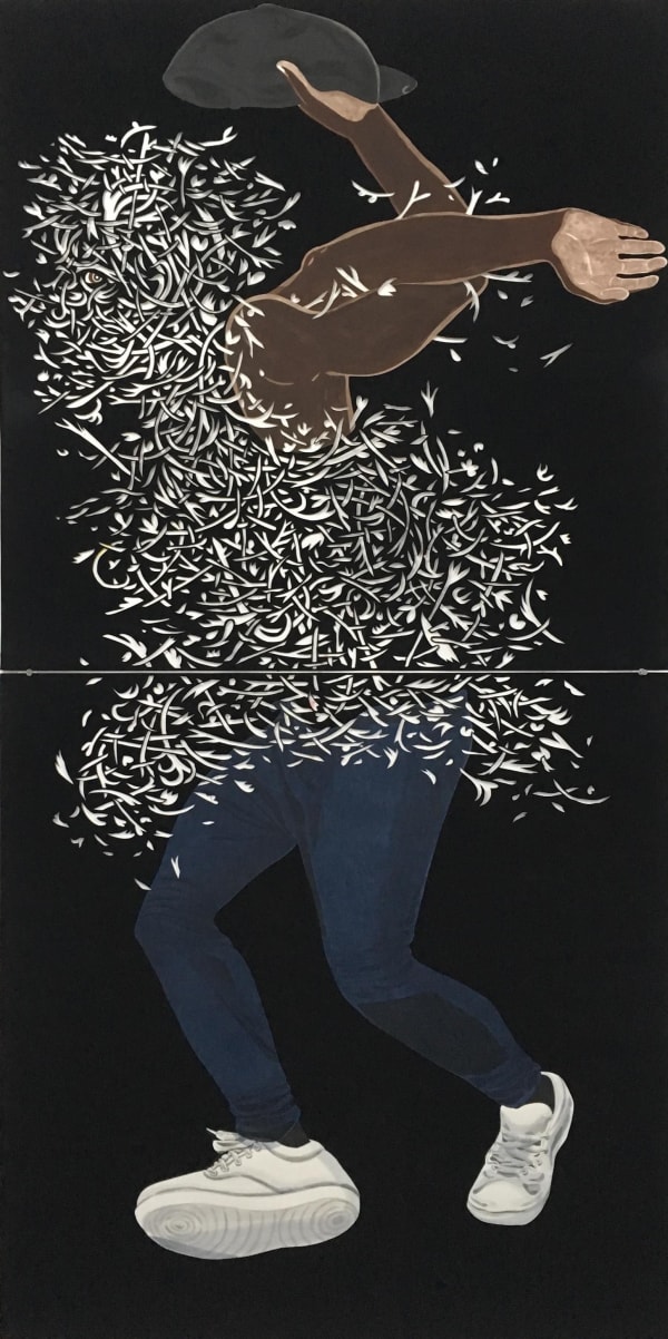 Mans legs wearing white sneakers, torso and head obscured by a white pattern