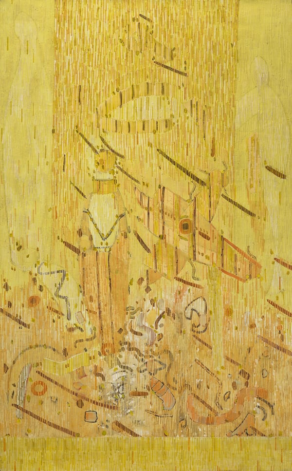 A yellow composition with human-like figures beneath a waterfall and dark dashes across the canvas