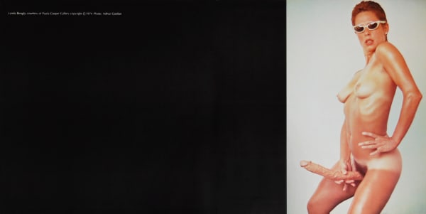 Magazine advertisement showing artist posed nude with dildo