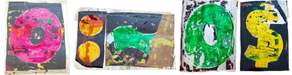 Abstract painting comprised of five sections with multicolored details on a neutral background