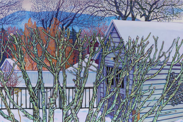Rendering of a snow-topped purple barn behind tree branches and a snowy landscape