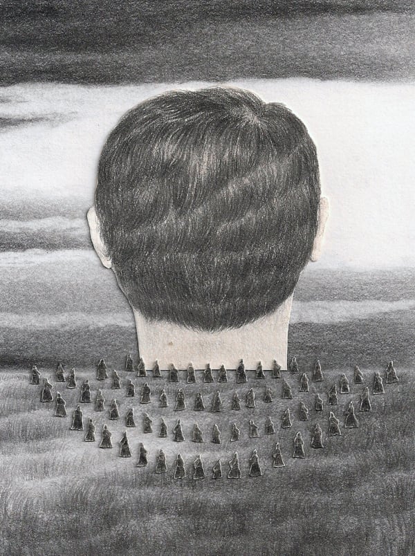 A disembodied mans head emerges from a landscape with many trees