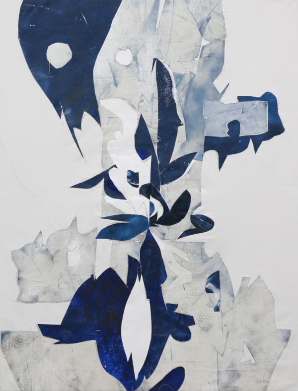 Abstract white, silver and shades of blue collage using remnants of earlier paintings and studio detritus