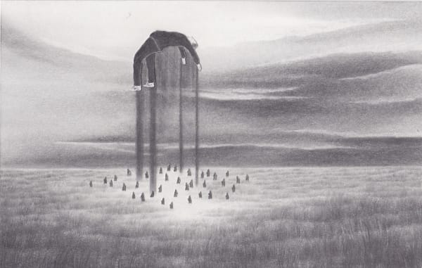 a man arches backward over a landscape