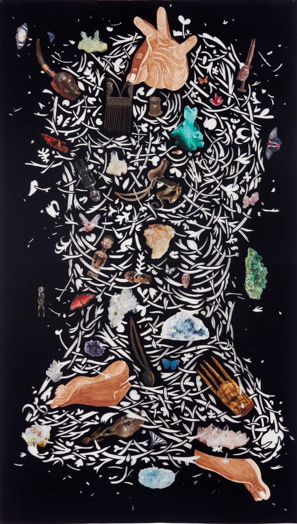 Figure emerging from leafy cutouts with butterflies and sculptures from a black velvet background