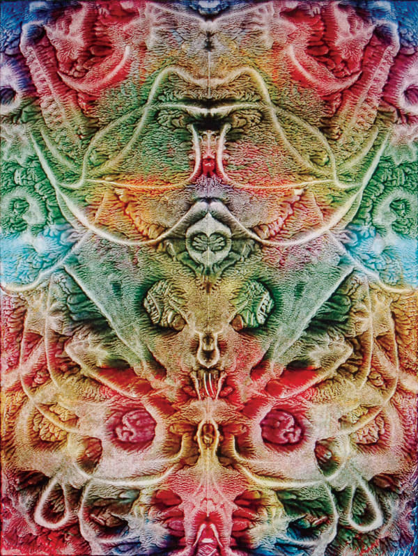 Print, rorschach-like image of arabesques and stamped monkey heads in red, blue, green, yellow ink