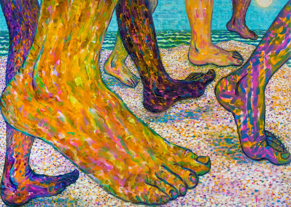 Painting of feet walking along beach in daytime, blue skin, feet in different skin tones