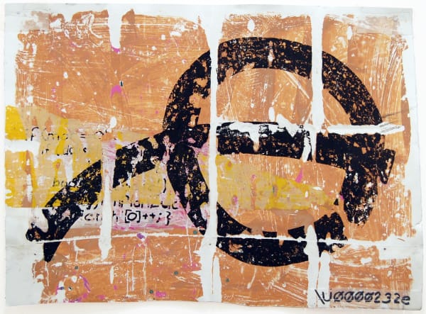 Abstract painting with black circle and line through the center