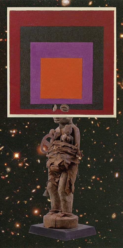 African figure in front of starry background with square artwork over face