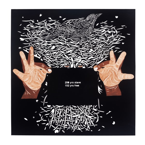 Cut black paper showing head cut as filigree from paper pierced by two eyes, two painted brown hands hold up a sign that reads 250 yrs slave, 125 yrs free