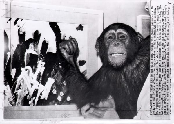 Black and white photograph of a chimp posing next to one of their paintings