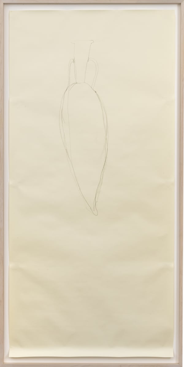 A delicate line drawing in the shape of an amphore vessel on light beige colored pape