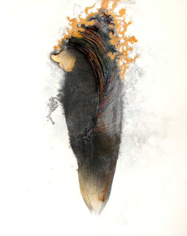 Abstract gray and yellow shape vertical in the center of the page with red curvilinear marks and yellow coral-like imagery at top