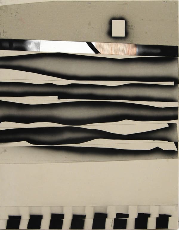 Cream colored panel with multiple sprayed black sections through center of panel, lower border marked by black squares