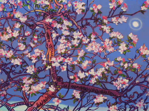 A brightly rendered apple blossom tree reaches up into an evening sky