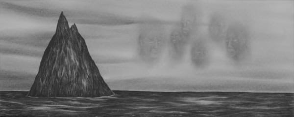 several shapes hover in a landscape