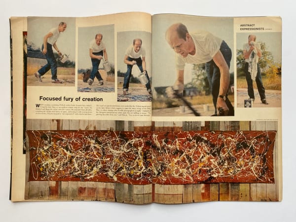 Interior of Life Magazine with color photos of Pollock working and essay by Dorothy Seiberling