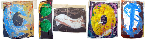 Abstract painting comprised of five sections with multicolored details on a black background