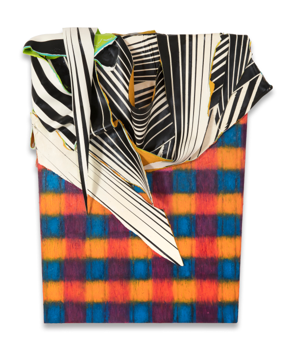 Orange, blue, black and white oil on panel made to resemble fabric