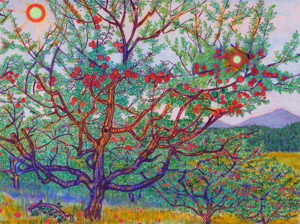 A bright rendering of a tree filled with apples under a sky with two suns