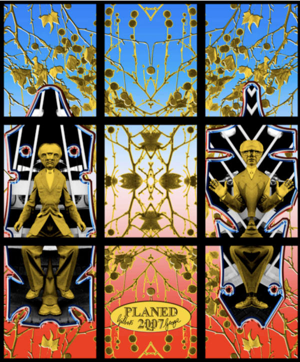 Grid of nine squares with blue and red gradient and two yellow figures