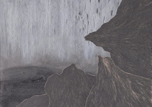 Graphite drawing, mountain range rendered along lower quadrant and continuing up right side of paper