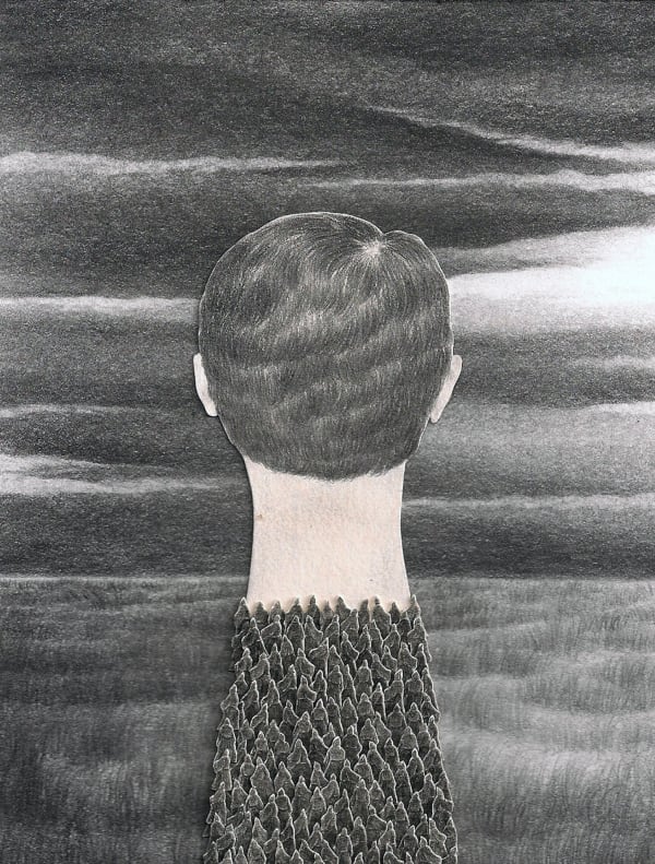 A disembodied mans head emerges from a landscape with many trees