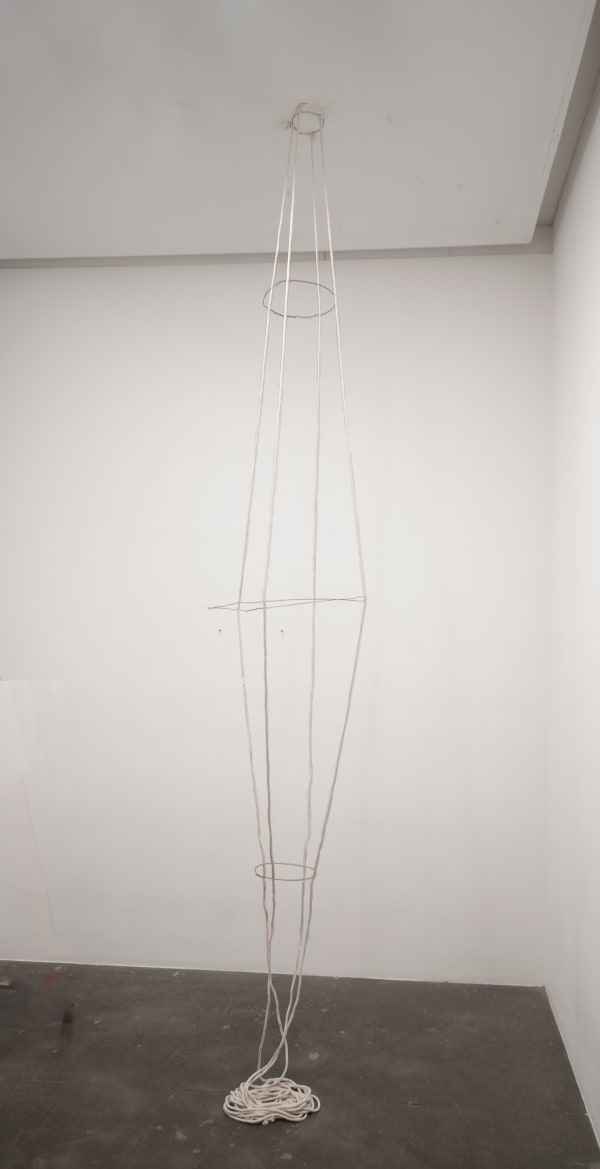 Rope and metal wire vessel hanging from the ceiling