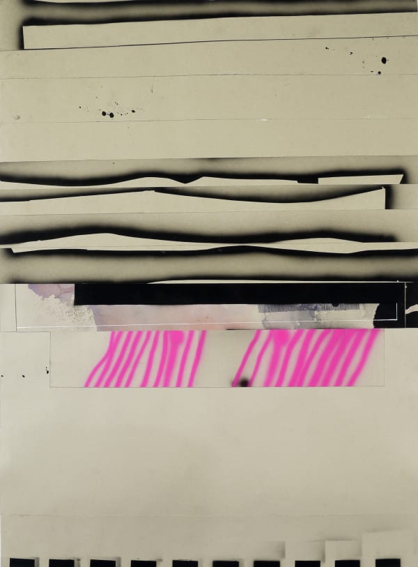 Painting with horizontal black lines through center of panel with pink vertical lines extending from lowest line