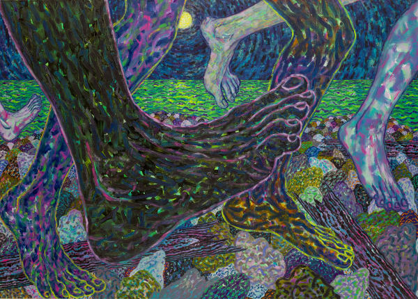 Painting of feet running along a beach on a moonlit night