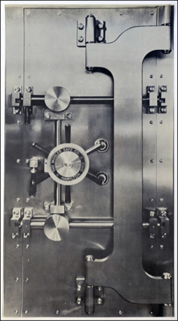 A black and white image of a safe