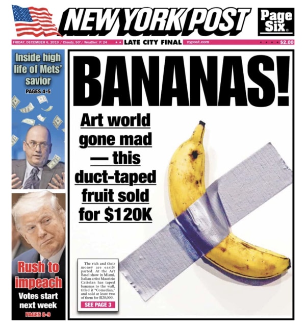 New York Post with a duct-tapeed banana on the cover