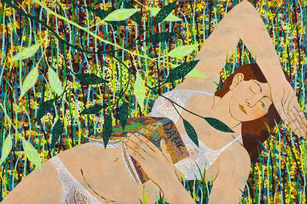 A woman reclining in her underwear with one eye open and a book turned over on her lap