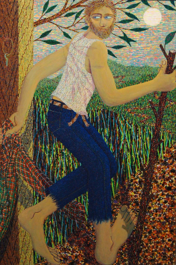 A man runs through a forest, looking over his shoulder